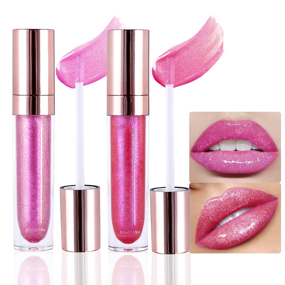evpct 2Pcs Blush Red Pink Pearlescent Chameleon Shimmer Glitter Lipstick Lip Gloss, Long Lasting Waterproof Glitter Metallic Sparkly Glossy Lip Gloss Tint Stain Liquid Lipsticks Makeup Set for Women-Velvo Beauty