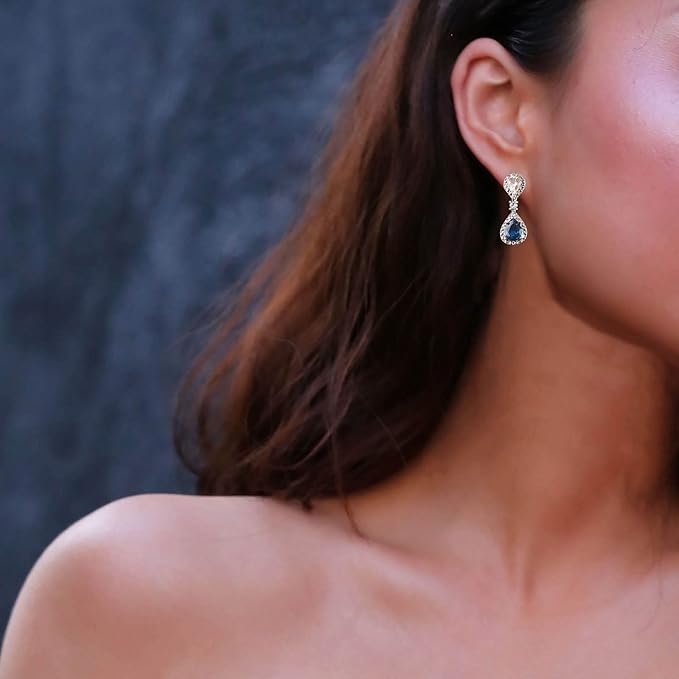 Vintage Sapphire Drop Earrings Oval Sapphire Crystal Earrings Silver Teardrop Rhinestone Stud Earrings Blue Crystal Wedding Earrings Jewelry for Women and Girls Gifts-Velvo Beauty