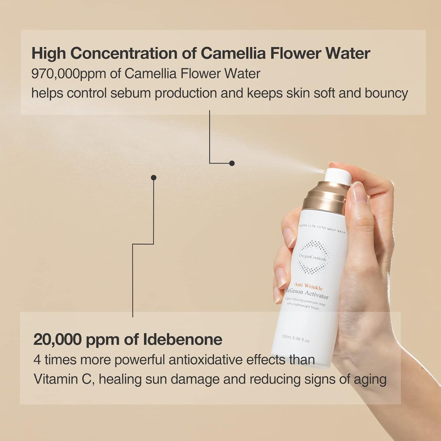 ReGenon Activator – Antioxidant Ampoule Mist with Camellia Flower Water, Oat Seed Extract, Lecithin & Oxygen, Hydrating & Brightening Toner Mist. 3.38 fl.oz (100ml)-Velvo Beauty