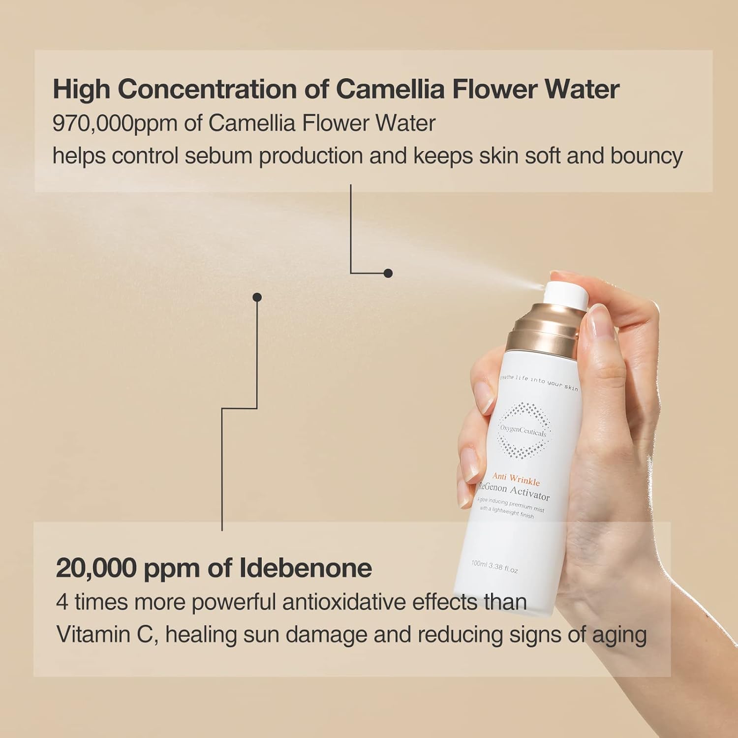 ReGenon Activator – Antioxidant Ampoule Mist with Camellia Flower Water, Oat Seed Extract, Lecithin & Oxygen, Hydrating & Brightening Toner Mist. 3.38 fl.oz (100ml)-Velvo Beauty