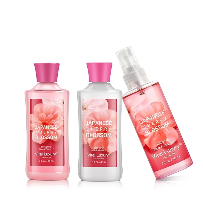 Bath & Body Kit Japanese Cherry Blossom, 3 Fl Oz, Ideal Skincare Gift, Home Spa Set, Includes Body Lotion, Shower Gel and Fragrance Mist, Perfect for Christmas Gifts and Festive Pampering-Velvo Beauty