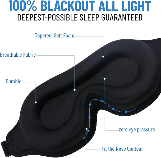 3D Sleep Mask for Men Women | 100% Blackout, Zero Eye Pressure, Breathable Material | Comfortable Night Blindfold for Sleeping, Travel and Meditation (Black)-Velvo Beauty