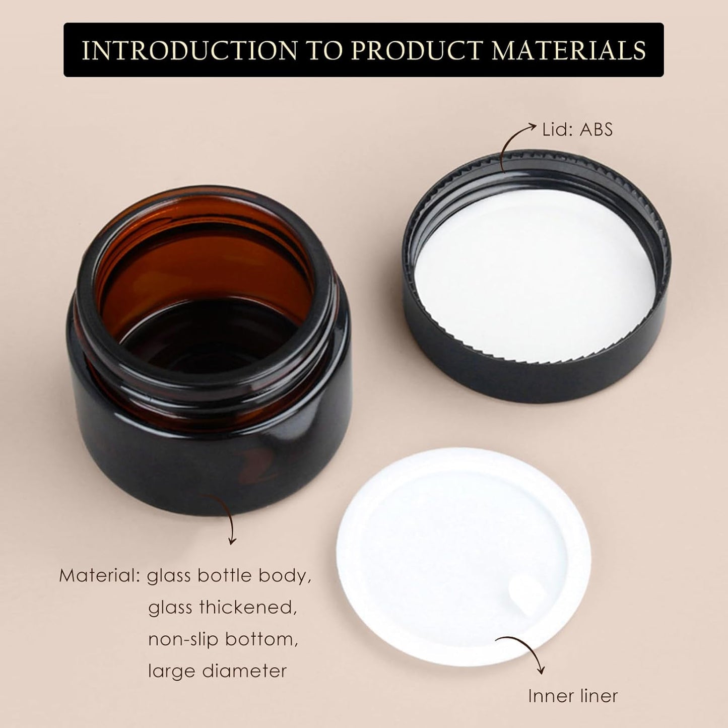 Lil Ray 2 Oz Glass Cream Jars with Black Lid, Empty Amber Glass Containers, Refillable Cosmetic Vials for Lotion, Ointment (12 PCS)-Velvo Beauty