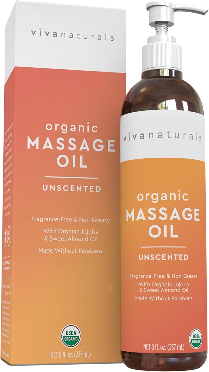 Viva Naturals Organic Massage Oil Unscented (8 fl. oz.) - Non-Greasy Body Oil with Mess-Free Pump, Moisturizing Massage Oils for Massage Therapy, Non-GMO and Certified Organic, 237 mL-Velvo Beauty