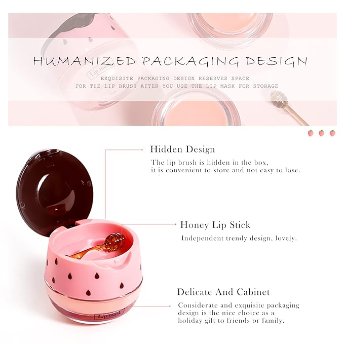 2PCs Strawberry Lip Sleeping Mask,Bee Lip Balm Honey Pot, Bee Lip Honey Pot with Wand Nourishes Lips, Overnight Strawberry Propolis Honey Balm Lip Mask for Lip Care Moisturize Lip Skin-Velvo Beauty
