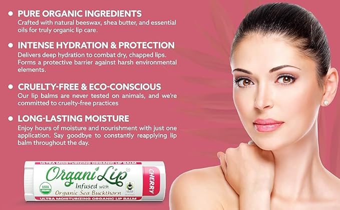Organic Lip Balm, Cherry Flavor, Ultra Hydrating Lip Moisturizer for Cracked or Dry Lips, Infused With Organic Sea Buckthorn, Oval Shaped Tube, USDA Certified Organic, 30 Pack-Velvo Beauty