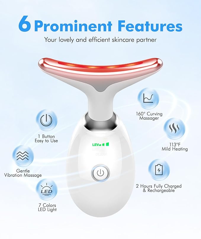 Red-Light-Therapy-for-Face-and-Neck, 7 Color Face Massager Tool for Wrinkles, Double Chin, Vibrating Facial Massager with Thermals for Skin Care, Glossy White-Velvo Beauty