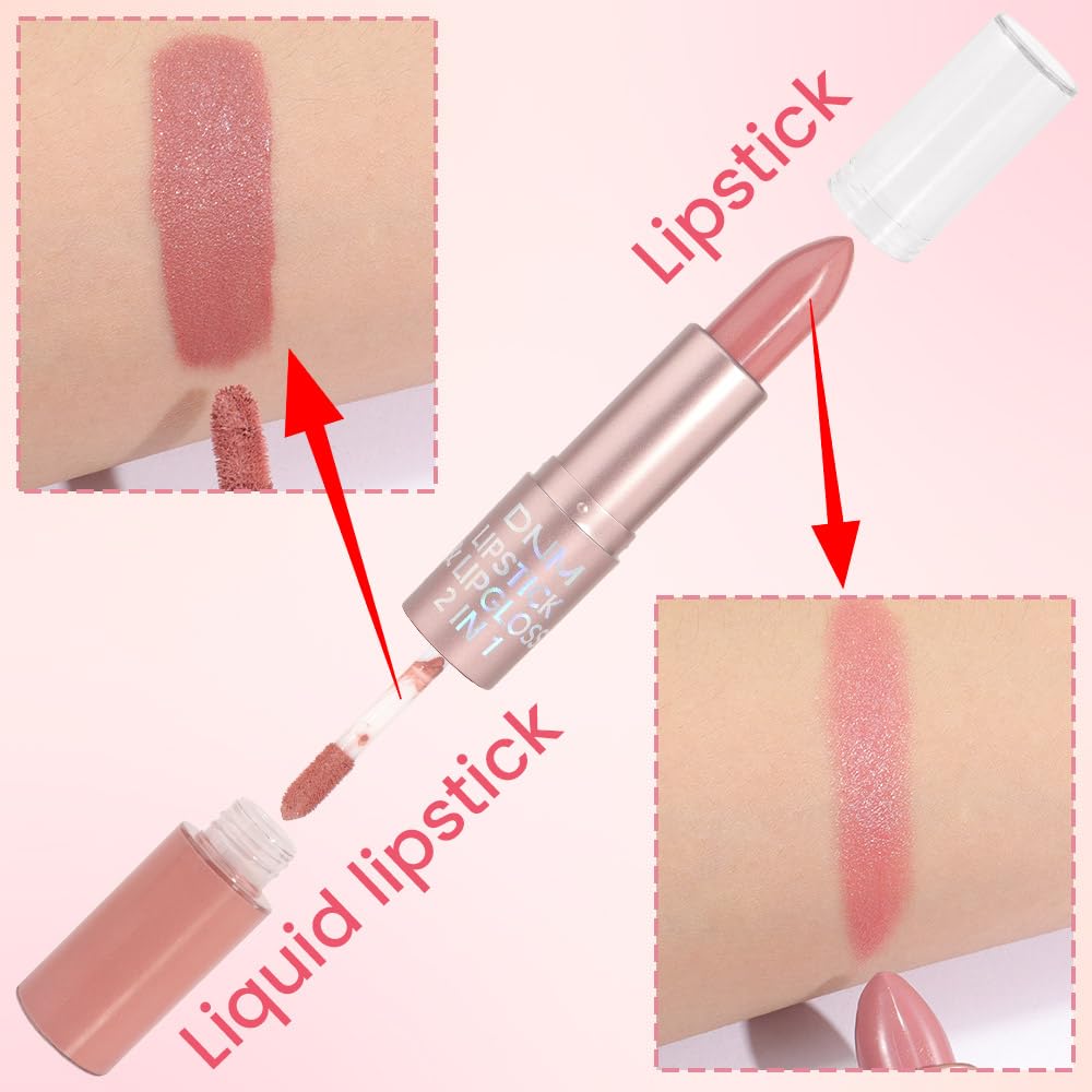 evpct 2 in 1 Rose Nude Glitter Metallic Shimmer Diamond Lipstick and Lip Gloss Set for Women Long Lasting Waterproof, Bright Rose Pink Sparkle Glitter Shiny Lipstick and Lip Liner Makeup Set, 02#-Velvo Beauty