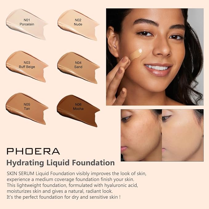 PHOERA Essence Foundation,Hydrating Waterproof and Light Long Lasting Hypoallergenic Full Coverage Foundation Serum. (N04 Sand)-Velvo Beauty