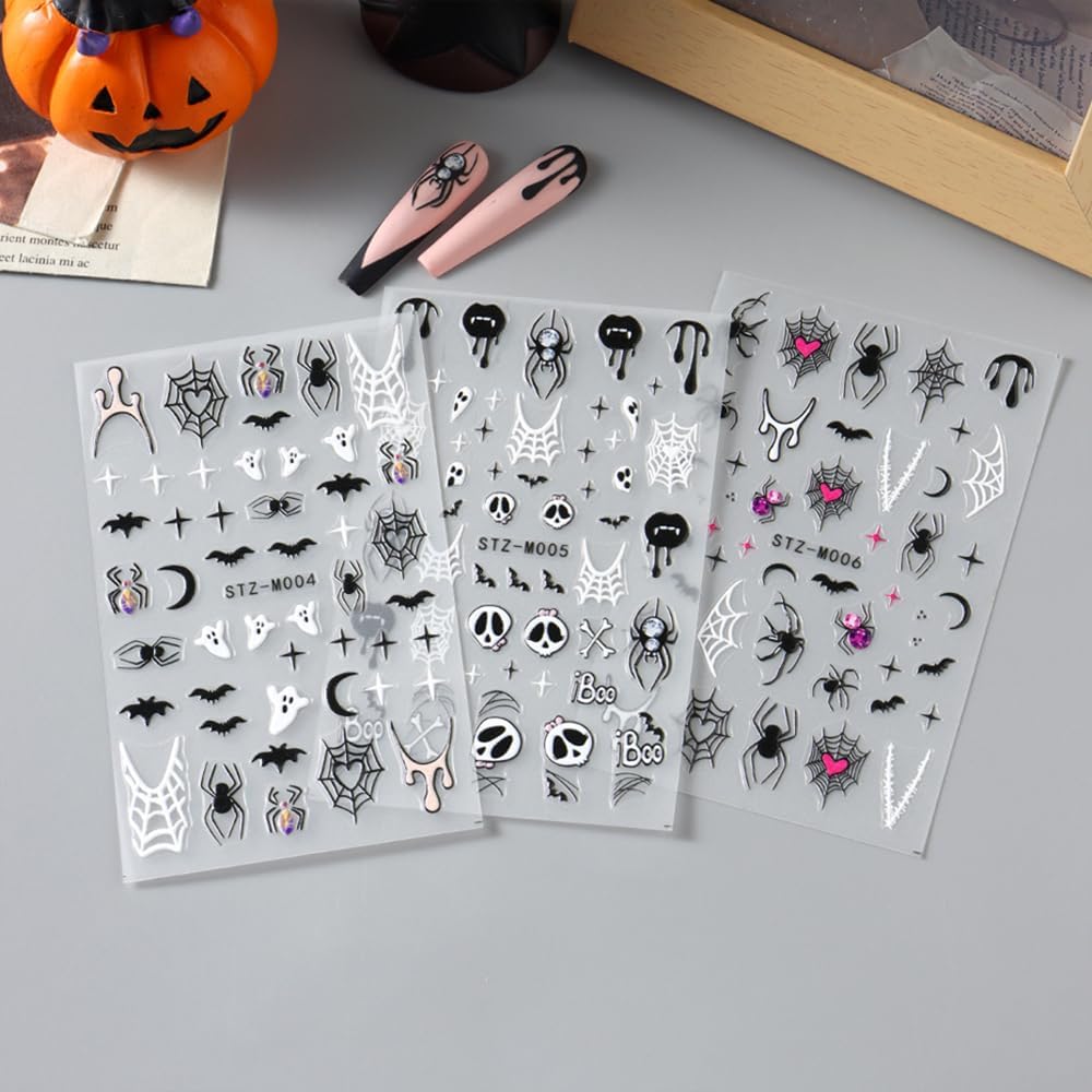 3 Sheet Halloween Nail Stickers Ghost Bat Spider Nail Decals 3D Self-Adhesive Spider Web Spooky Bat Spider Nail Art Stickers Design Gothic Nail Art Supplies for Holiday Acrylic DIY Nail Decoration-Velvo Beauty