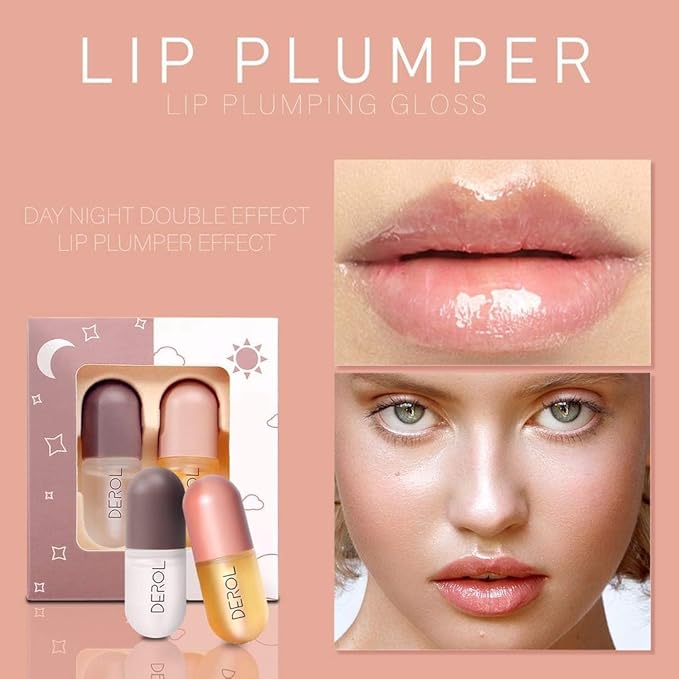 DEROL Lip Plumper by Vafee, Natural Lip Plumper and Lip Care Serum, Lip Enhancer for Fuller, Lip Mask, Beautiful Fuller, Hydrating & Reduce Fine Lines 5.5ML (Day& Night)-Velvo Beauty