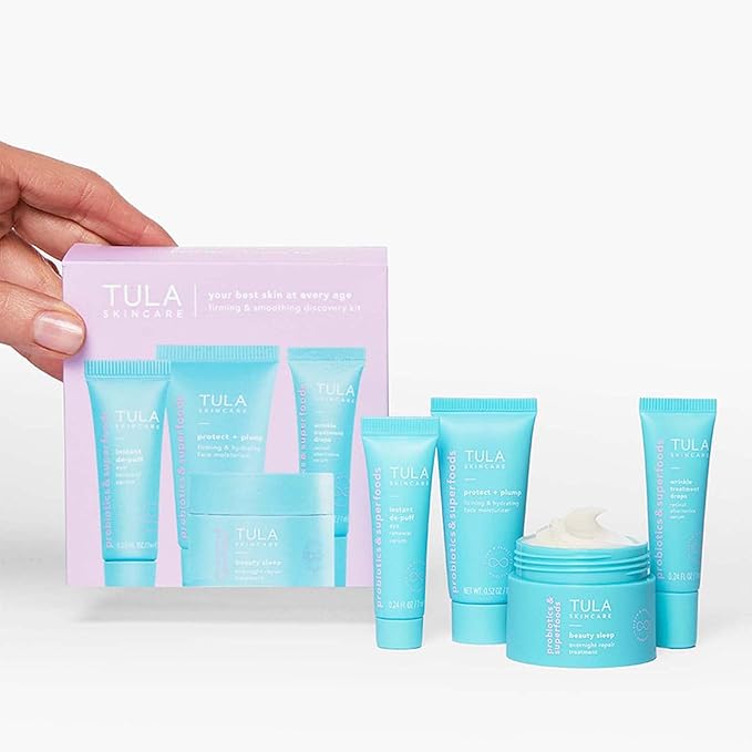 TULA Skin Care Your Best Skin At Every Age Firming & Smoothing Discovery Kit, New Packaging - Wrinkle Treatment, Face Moisturizer, Eye Serum and Overnight Repair Treatment, Anti-Aging, 4-Piece Kit-Velvo Beauty