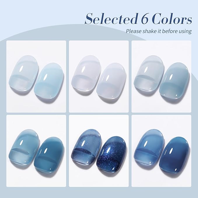 BORN PRETTY Jelly Blue Gel Nail Polish Set 6 Colors Translucent Light Blue Baby Blue Royal Blue Reflective Glitter Blue Nail Gel Kit Soak Off Nail Art Manicure Design Home Salon Holiday Gift-Velvo Beauty