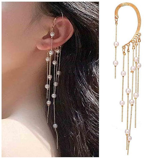 Boho Pearl Ear Wrap Earrings Gold Pearl Ear Cuff Earrings Long Drop Tassel Pearl Earrings Festival Gothic Earrings Non Piercing Ear Climber Cartilage Earrings Jewelry for Women and Girls-Velvo Beauty