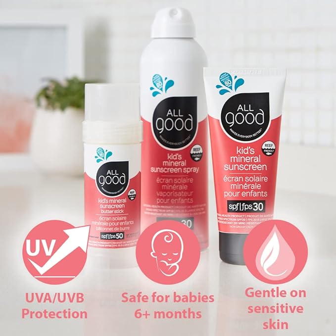 All Good Baby & Kids Sunscreen Lotion for Face & Body - UVA/UVB Broad Spectrum, SPF 30, Zinc Oxide, Coral Reef Friendly, Water Resistant - Zinc, Shea Butter, Coconut Oil, Aloe (3 oz)(3-pack)-Velvo Beauty