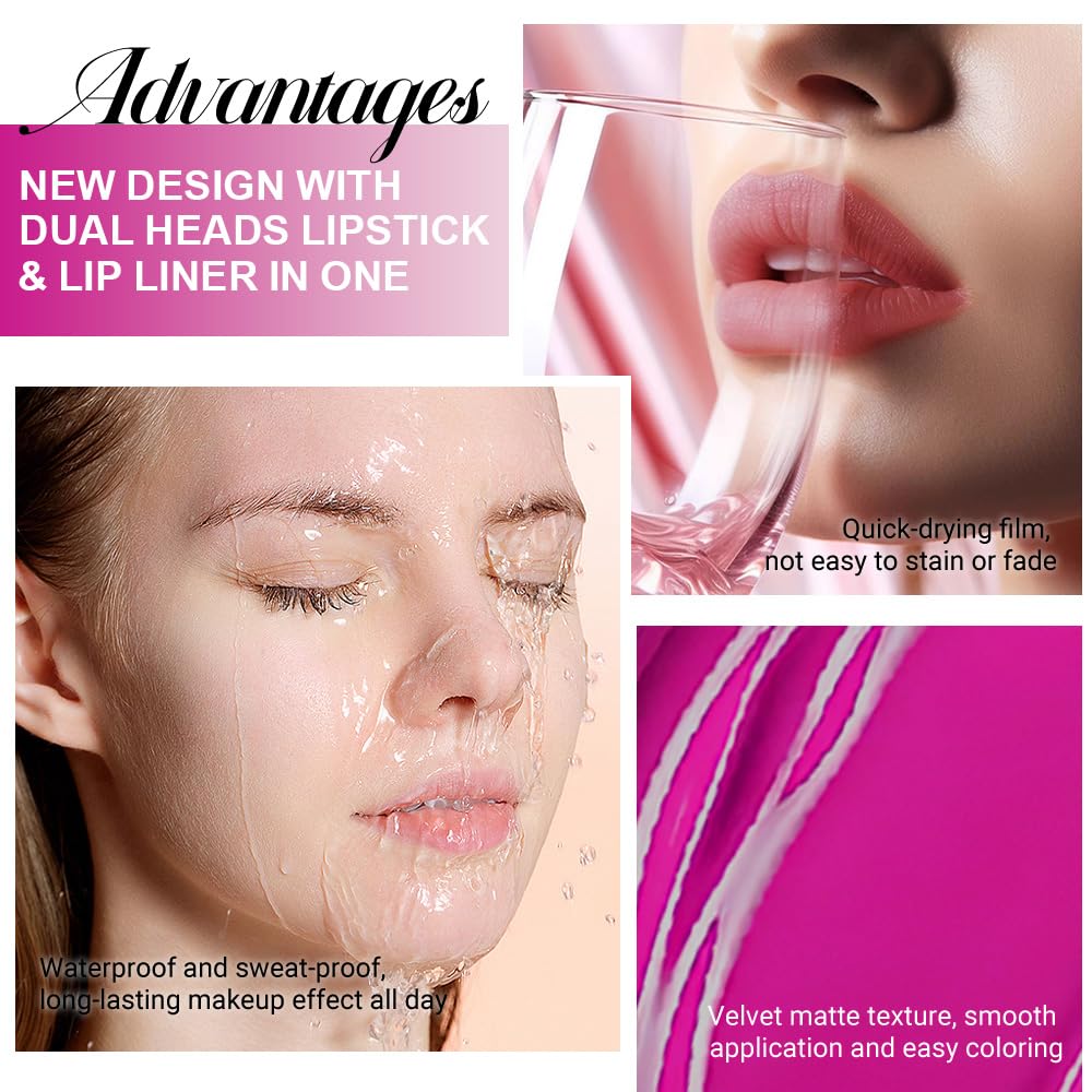 evpct 1Pcs Hot Pink Matte Lip Liner & Liquid Lipstick Stain Makeup Set for Women, Hot Pink Lip Liner Stain Long Lasting Waterproof Smudge Proof, Cruelty Free Lip Stick Makeup 24 hours originales, 59-Velvo Beauty