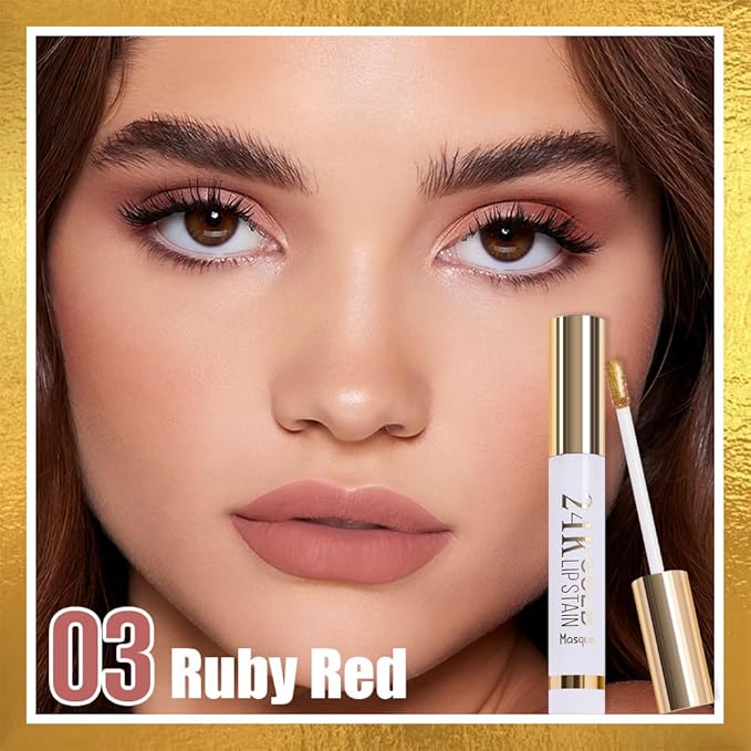 2025 New 24K Gold Liquid Lip Gloss Peel Off Lip Stain Tattoo with Tweezer, Ruby Red Lips Stain Peel Off Masque, Long Lasting Waterproof Lip Tint Stain, Transfer-proof for All Skin Types 03#-Velvo Beauty