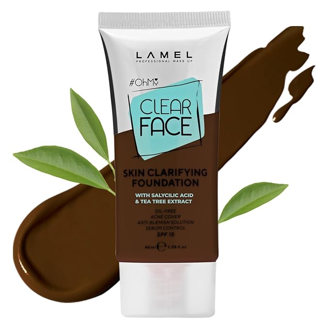 LAMEL OhMy Clear Face Full Coverage Foundation - Acne Coverage - Salicylic Acid & Tea Tree Extract - Dewy & Flawless Finish - Sensitive Skin Care - Organic & Oil-Free - 412, 1.35 fl.oz-Velvo Beauty