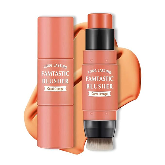 Cream Blush Stick with Brush,Waterproof Blush Makeup,Long Lasting 3 In 1 Cheek Blush & Lip Tint & Eye Shadow Makeup Stick,Easy To Use Blends Effortlessly,Cream Blush Makeup for All Skin Tones - Coral Orange-Velvo Beauty
