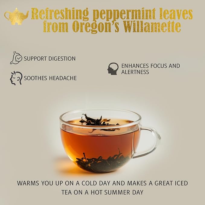 Willamette Peppermint Tea, Organic Loose Leaf Mint Herbal Tea – Soothing, Caffeine-Free – Refreshing Hot or Iced – 4 oz Resealable Bag (Makes 50 Cups) – The Elegant Elephant-Velvo Beauty