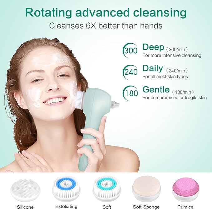 Face Scrubber Exfoliator,Facial Cleansing Brush Waterproof with LCD Screen,Blackhead Remover Vacuum with 5 Brush Heads,Face Spin Brush for Exfoliating (Green)-Velvo Beauty