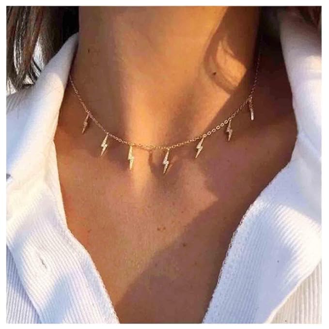 Boho Lighting Bolt Choker Necklace Gold Dangle Thunder Necklace Minimalist Collar Chain Necklace Weather Necklace Jewelry for Women and Girls-Velvo Beauty
