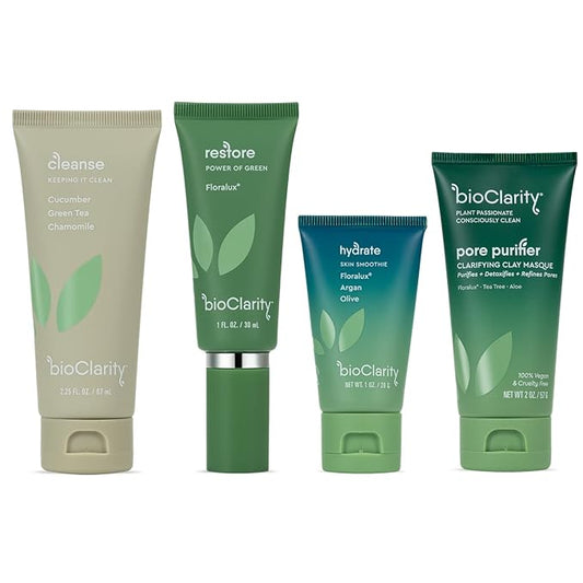 BioClarity 3-Step Essentials Skin Routine + Clarifying Mask for Normal & Oily Skin Types | Cleanse, Restore and Moisturize | Gentle Clean and Hydrate Face |100% Clean, Vegan Ingredients (Mini Size)-Velvo Beauty