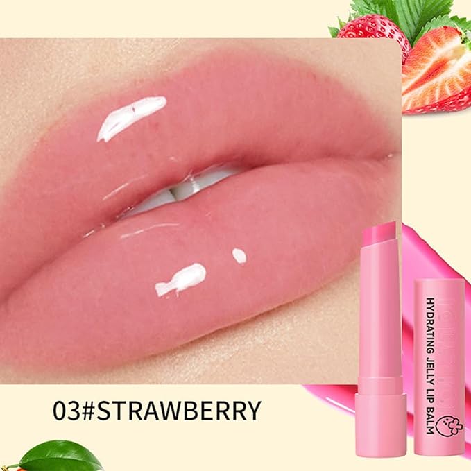 Hydrating Jelly Balm,Tinted Moisturizing Lip Balm For Dry Lips,Instantly Hydrate Lips Conditioning & Nourishing Lip Care Lip Moisturizer Fruit Lip Oil Lip Shine Jelly Lipstick(Strawberry)-Velvo Beauty