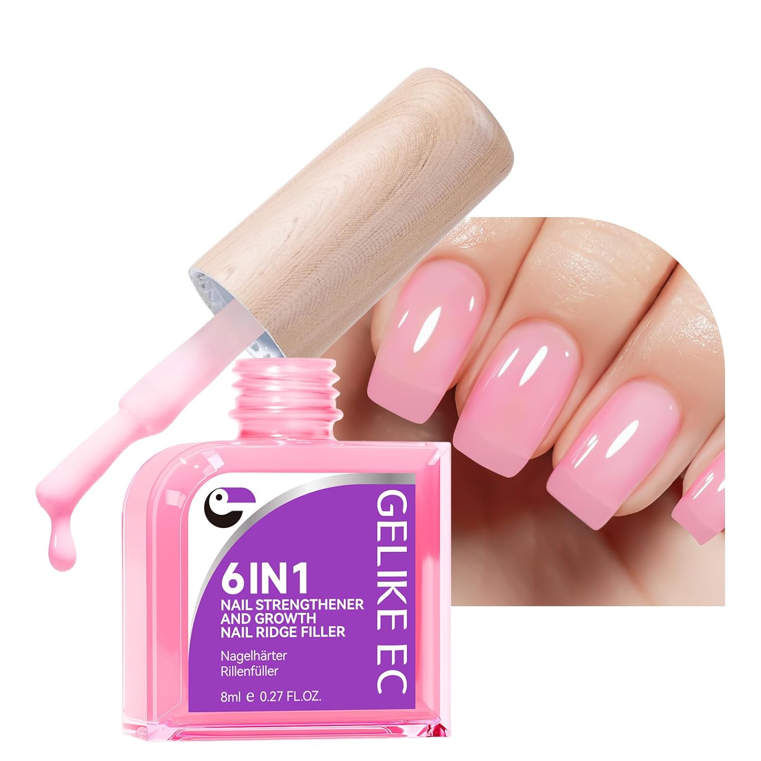 Nail Polish Strengthener and Growth Treatment: Pink Gelike EC 6 in 1 Natural Nail Hardener Extra Strong and Growth - Long Lasting Nail Repair for Damaged Nails - For Daily Work Home Salon-Velvo Beauty