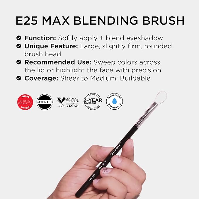 Sigma Beauty Professional E25 Max Eyeshadow Blending Brush – Professional Eyeshadow Brush for Seamless Eyeshadow Blending, Softens Dramatic Edges & Harsh Lines for a Well Blended Effect (1 Brush)-Velvo Beauty
