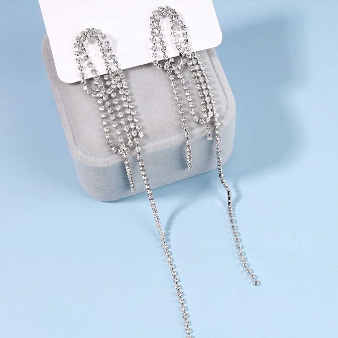 Rhinestone Tassel Ear Jacket Earrings Long Rhinestone Chain Earrings Silver Crystal Tassel Earrings Vintage Chandelier Chain Earrings Luxury Statement Earrings Jewelry for Women and Girls Gifts-Velvo Beauty