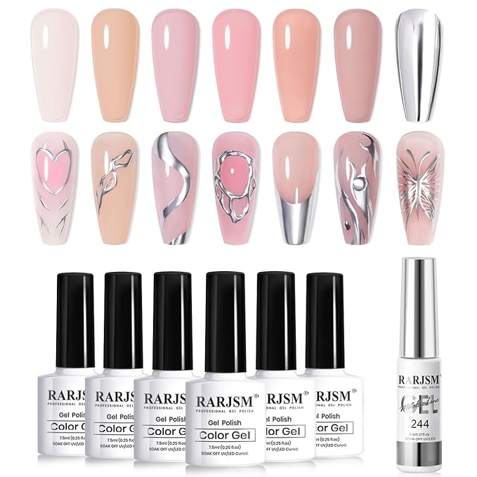 RARJSM Nude Gel Nail Polish Set 6 Colors with Metallic Silver Chrome Gel Liner Sheer Jelly Gray Pale Rose Apricot Pink GelPolish Transparent French Manicure Neutral GelVarnish LED UV Curing Requires-Velvo Beauty