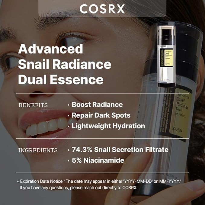 COSRX Niacinamide 5% + Snail Mucin 74% Dual Essence, Anti aging Face Serum for Dull Skin, Hydrating, Brightening, Repairing, 2.70 fl.oz / 80ml, Sensitive Skin, Not Tested on Animals, Korean Skincare-Velvo Beauty