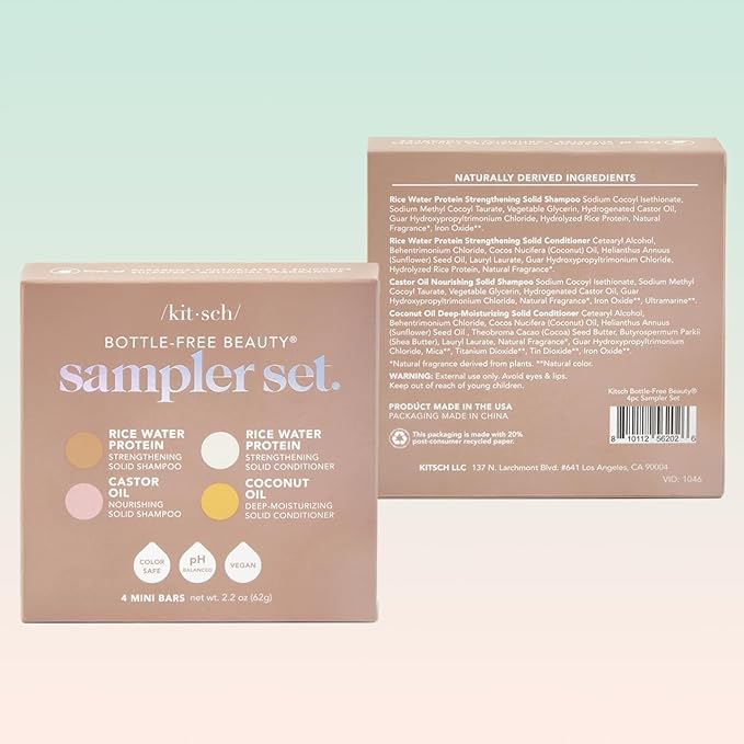 Kitsch Shampoo and Conditioner Set - 4pc Sampler Bars with Rice Water Shampoo and Conditioner, Castor Oil Shampoo & Coconut Oil Conditioner - Bottle-Free Beauty for Hair Growth, Repair & Moisture-Velvo Beauty