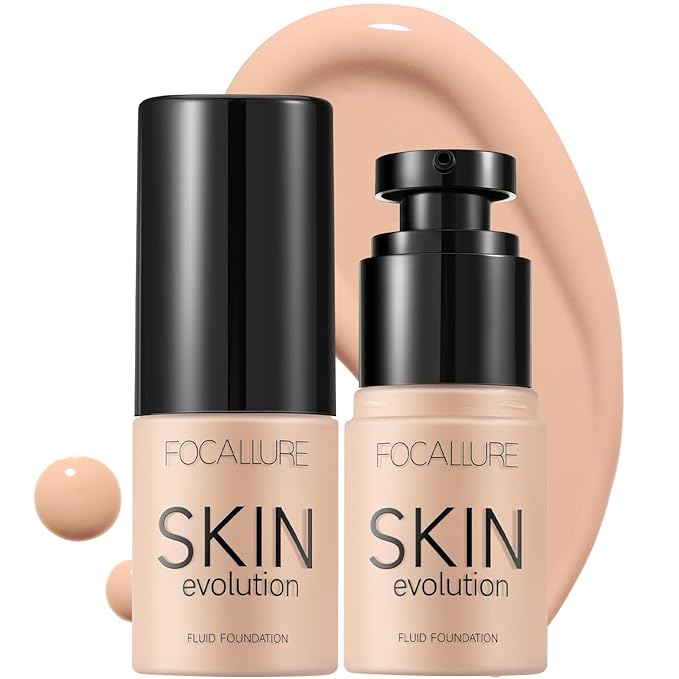 FOCALLURE 2 Pcs Liquid Foundation, Skin Evolution Foundation + Concealer, Full Coverage Foundation Makeup, Durable, Waterproof, Oil-Control, Hides Wrinkles & Lines, Porcelain-Velvo Beauty