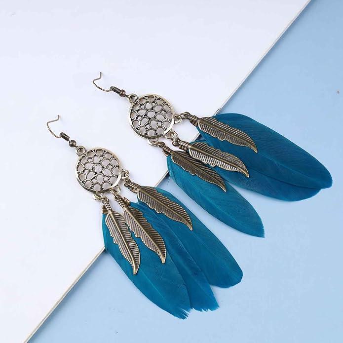 Boho Black Feather Dangle Earrings Long Feather Tassel Earrings Vintage Tribal Feather Earrings Gold Feather Drop Earrings Jewelry for Women-Velvo Beauty