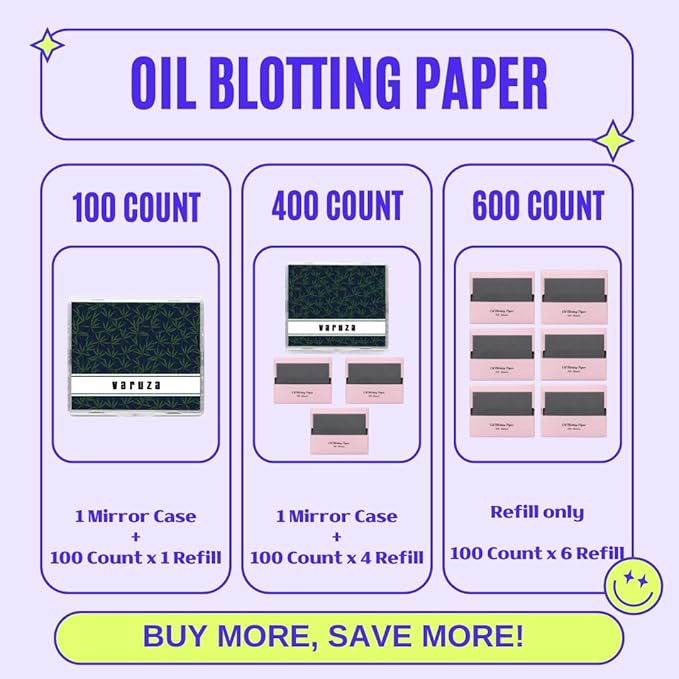 [600 Counts Refills Only] Natural Bamboo Charcoal Oil Blotting Sheets for Face with Mirror Case and Refills-Velvo Beauty