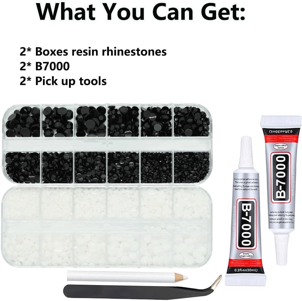 Black And White Rhinestones for Bedazzling With B7000 Glue, 2mm 3mm 4mm 5mm 6mm (SS8-SS30) Non-Hotfix Flatback Nail Gems Beads, Nail Crystals Diamond Kit for Bedazzle Crafting, Nails DIY Art-Velvo Beauty