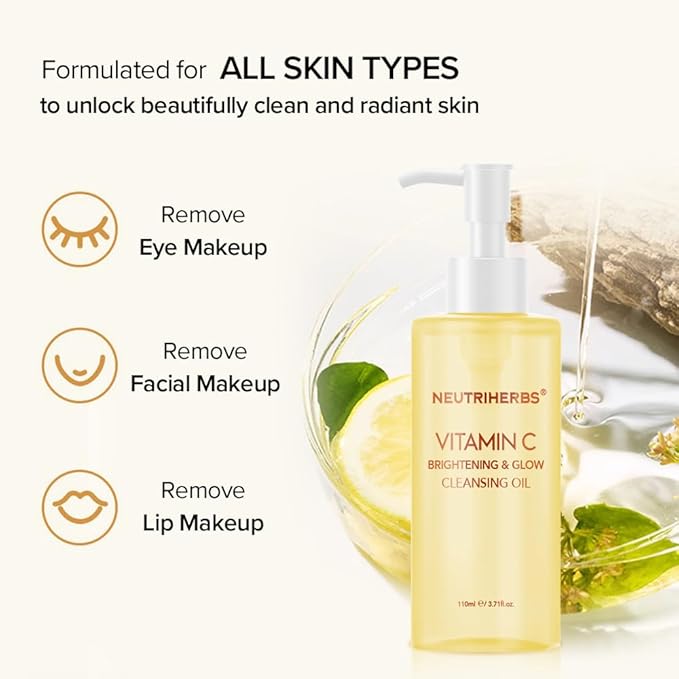 Neutriherbs Makeup Remover Oil Cleanser, Vitamin C Cleansing Oil for Long Last and Waterproof Makeup, Sunscreen, Fit All Skin Type - 3.71 Fl.Oz-Velvo Beauty