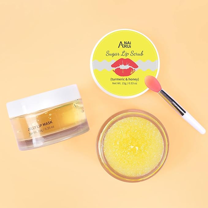 ANAIRUI Lip Therapy Set - Lip Care Kit - Includes Sugar Lip Scrub & Jelly Lip Sleep Mask, Lips Balm & Moisturizer, Dark Lip Care, Moisturizing for Fuller, Softer Lips (Turmeric & Honey)-Velvo Beauty