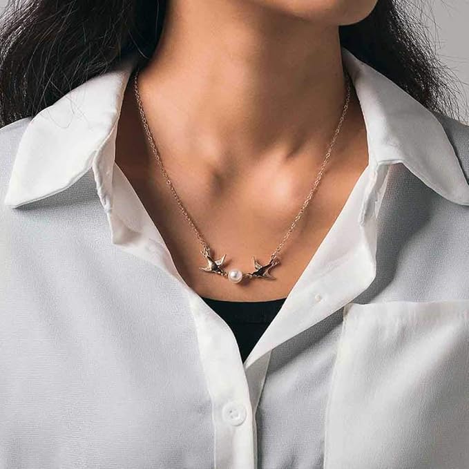 Vintage Pearl Necklace Long Birds Necklace Chain Pendant Necklaces Jewelry for Women and Girls (Gold)-Velvo Beauty