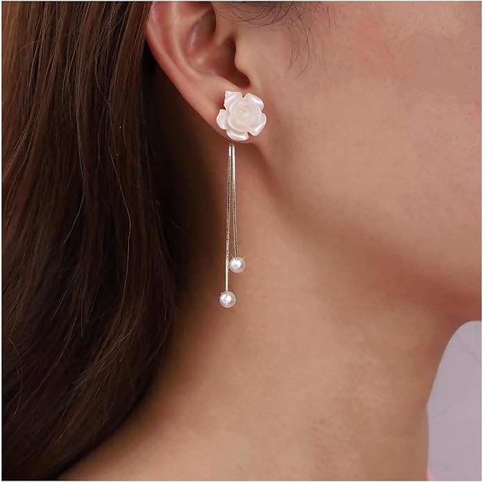 Vintage Flower Pearl Drop Earrings Long Tassel Pearl Earrings White Camellia Stud Earring Gold Pearl Chain Dangle Earrings Jewelry for Women-Velvo Beauty
