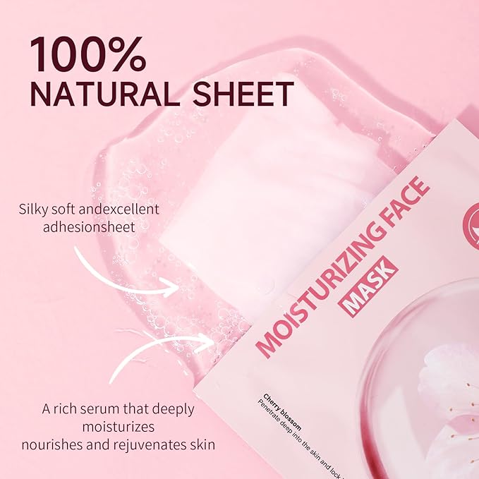 5 Pack Sheets Face Masks Skincare For All Skin Types, Cherry Facial Sheet Masks, Hydrating Facial Sheets Mask for Firming, Sheet Mask with Cherry Blossom Face Mask for Glowing Skin-Velvo Beauty