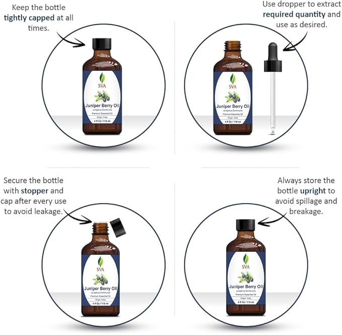 SVA Juniper Berry Essential Oil – 4 Fl Oz – 100% Natural Juniper Oil - for Diffuser, Hair Care, Face, Skin Care, Aromatherapy, Scalp and Body Massage, Soap and Candle Making – with Dropper-Velvo Beauty