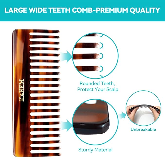KAHEM Large Wide Tooth Detangler Comb for Women, Men, and Kids - Handmade for Curly, Long, and Short Hair - Professional Wet and Dry Hair Cutting Comb - 6.29 Inch-Velvo Beauty