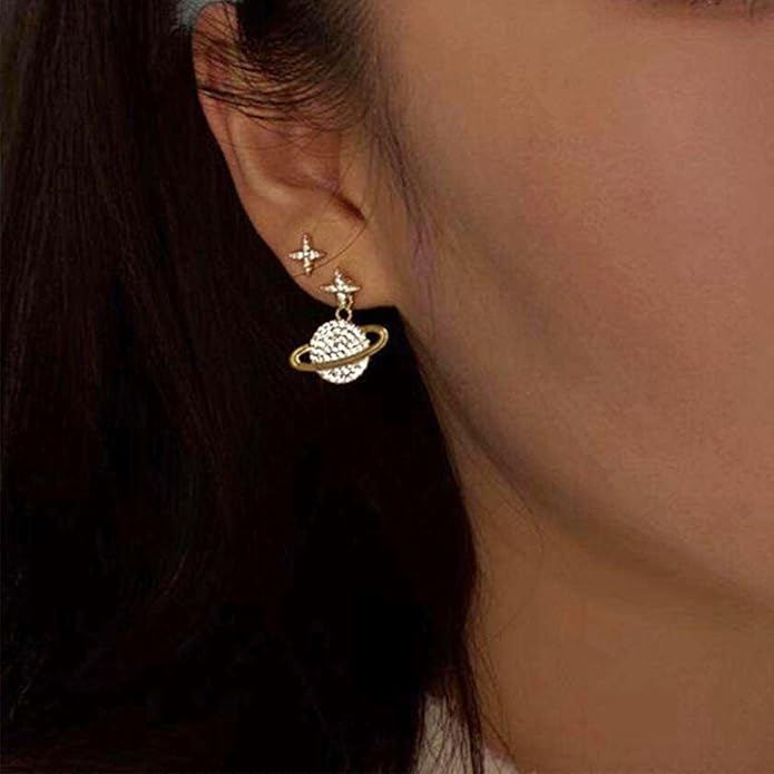 Crystal Saturn Planet Jacket Earrings Vintage Saturn Dangle Earrings Rhinestone Planet Drop Earrings Gold Cz Northstar Stud Earrings Celestial Front Back Earrings for Women Gifts-Velvo Beauty