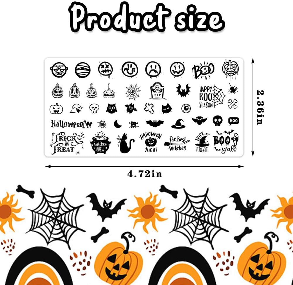 ALIBBON 6 Pcs Halloween Nail Stamping Plates Set, Spider Web Pumpkin Background Nail Art Stamp Templates, Bat Ghost Stamp Templates Kit, Castle Grave Metal Nail Plates for DIY Printing Decor-Velvo Beauty