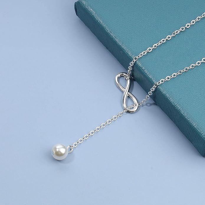 Boho Pearl Infinity Necklace Silver Y Pearl Necklace Minimalist Chain Y Lariat Necklace Chain Jewelry for Women and Girls-Velvo Beauty