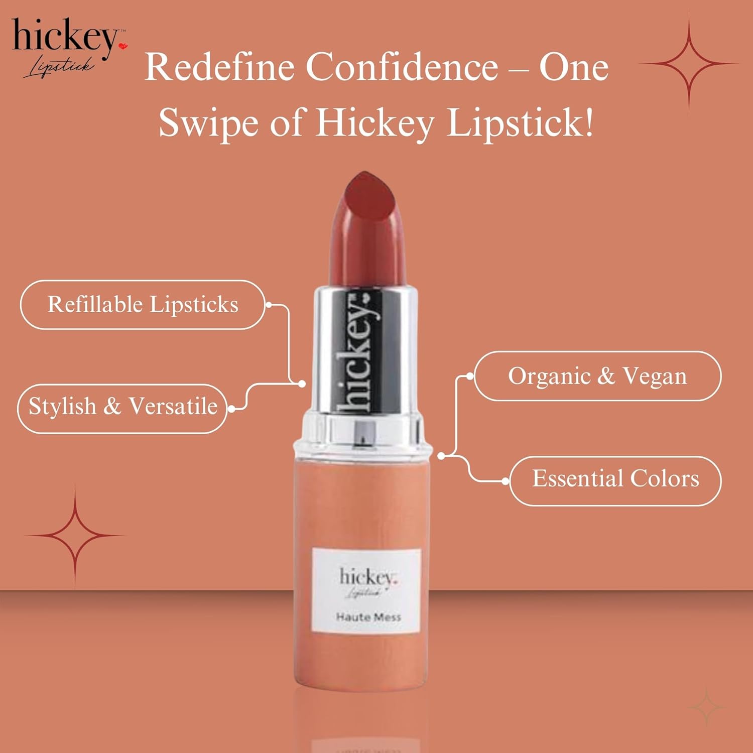 Hickey Lipstick Organic Haute Mess Terracotta Lipstick Shade Refill - Long Lasting Lipstick for Women, Hydrating & Moisturizing Shade, Lip Color for Women, Gluten-Free & Vegan with Highly Pigmented-Velvo Beauty