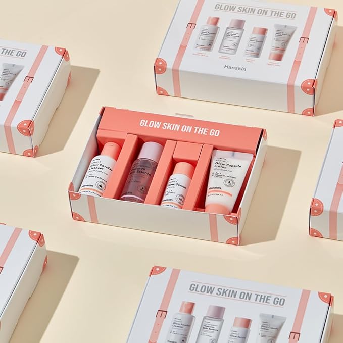 Hanskin Glow Skin On The Go Kit, Set of 4, Essential Travel Skincare Set for Glowing & Nourishing Skin on the Plane, Powder Cleanser Skin Essence and Facial Serum Cleansing Balm-Velvo Beauty